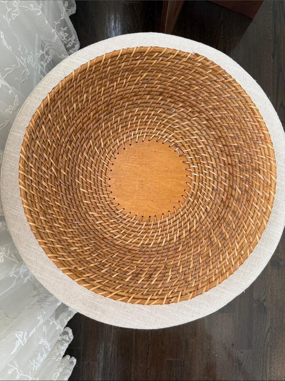 Vintage Handwoven Rattan Round Basket Wood Base - 13”